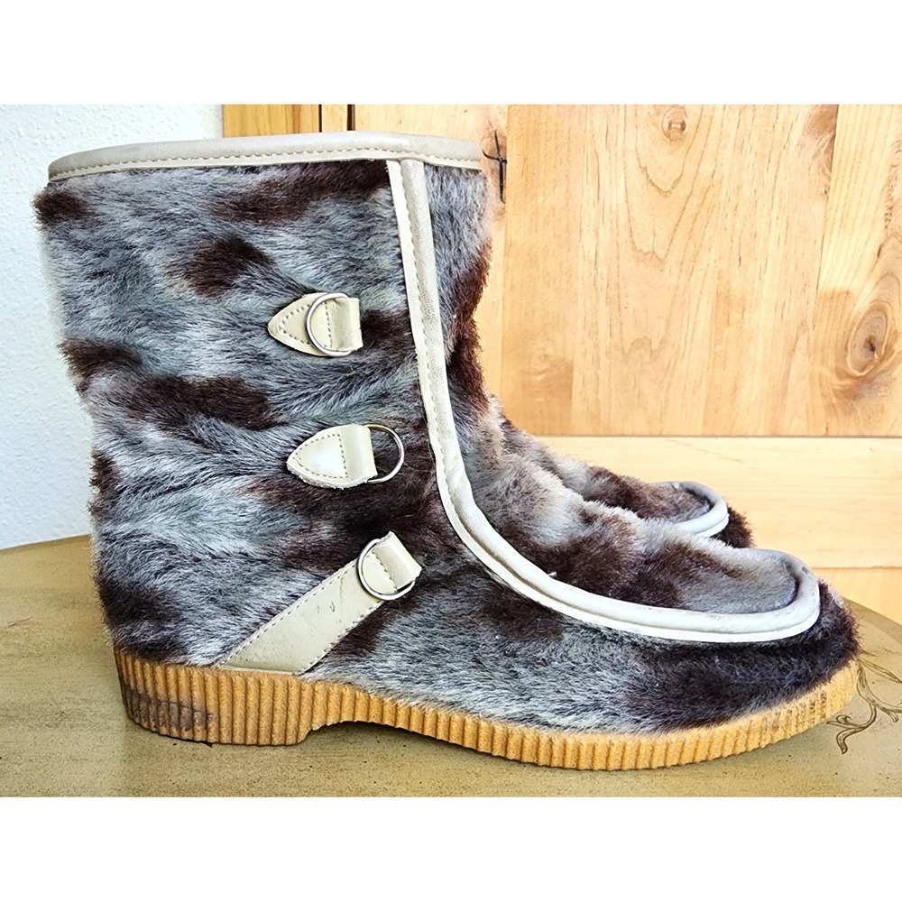 Vintage Dunhams Sz 9 Gray Brown Faux Fur‎ Snow Boots Made in Canada Scandinavian